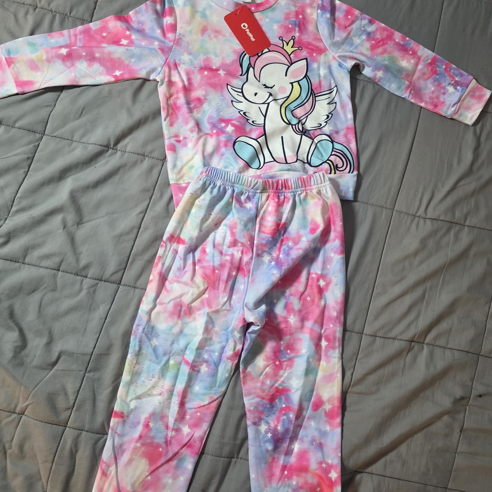 Girls Unicorn Tie-Dye Pajama Set in Pink, Blue & White